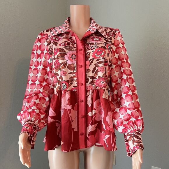 Dalia MacPhee Collared Shirt Dress Womens Red Pink Geo Floral missing Belt #148 - Picture 10 of 15
